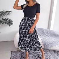 Womens Casual Leaf-Print High-Waisted Pleated Midi Dress