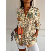 Womens Floral And Green Leaf-print Long-sleeve Blouse