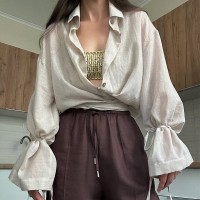 Stylish Design-forward Loose-fit Long-sleeve Shirt With A Turn-down Collar And Tie Details Stylish Design-forward Loose-fit Long-sleeve Shirt With A Turn-down Collar And Tie Details