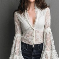 Retro Romantic And Modern Elegant Lace Bell-Sleeve Shirt