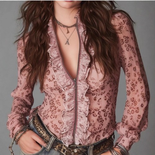 Retro Leopard-Print Front-Zip Chiffon Shirt With Ruffled Collar