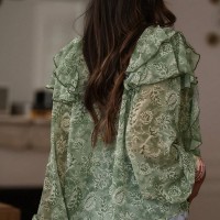 Womens Floral Print V-Neck Long-Sleeve Patchwork Ruffle-Trim Loose Shirt