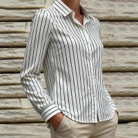 Black And White Striped Silky Satin Lapel Shirt