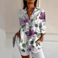 Womens Floral And Green Leaf-print Long-sleeve Blouse