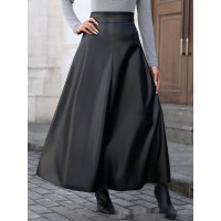 Slimming Hip-covering Mid-length A-line PU Leather Skirt With A Flared Hem