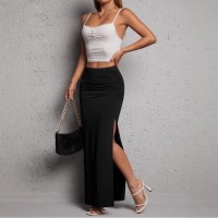 Solid-color High-waisted Elegant Pleated Slit Midi Skirt Solid-color High-waisted Elegant Pleated Slit Midi Skirt