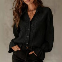 Single-breasted Lace-Panel Long-Sleeve Solid-Color Versatile Shirt