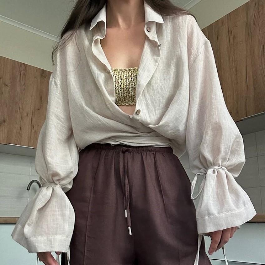 Stylish Design-forward Loose-fit Long-sleeve Shirt With A Turn-down Collar And Tie Details