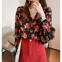 Womens Retro Loose Chiffon Floral Shirt