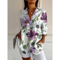 Womens Floral And Green Leaf-print Long-sleeve Blouse