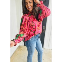 Color-block Printed Long-sleeve Top Womens Stand-collar Chiffon Blouse