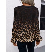 Women's Casual Leopard-Print Puff-Sleeve V-Neck Shirt