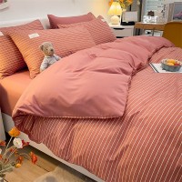 Pure Color Washed Cotton Four-piece Set Of Plaid Striped Sheets Quilt Cover Bedding Pure Color Washed Cotton Four-piece Set Of Plaid Striped Sheets Quilt Cover Bedding