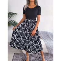 Womens Casual Leaf-Print High-Waisted Pleated Midi Dress