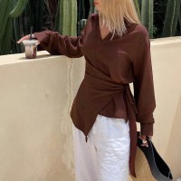 Womens Loose, Casual, Retro, Asymmetrical, Solid-Color Shirt With Ties