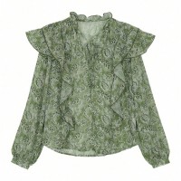 Womens Floral Print V-Neck Long-Sleeve Patchwork Ruffle-Trim Loose Shirt