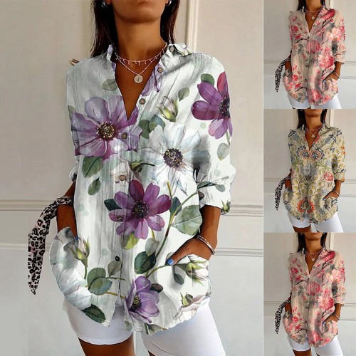 Womens Floral And Green Leaf-print Long-sleeve Blouse
