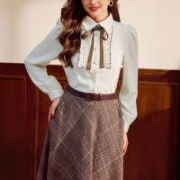 Elegant Contrast-Color Defined-Waist Shirt For Women