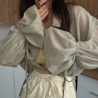 Stylish Design-forward Loose-fit Long-sleeve Shirt With A Turn-down Collar And Tie Details Stylish Design-forward Loose-fit Long-sleeve Shirt With A Turn-down Collar And Tie Details