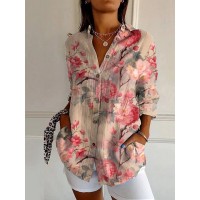 Womens Floral And Green Leaf-print Long-sleeve Blouse