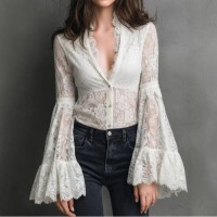 Retro Romantic And Modern Elegant Lace Bell-Sleeve Shirt