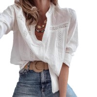 Women's Stand Collar Puff Sleeve Lace Cotton-Linen Embroidered Shirt