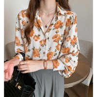 Womens Retro Loose Chiffon Floral Shirt