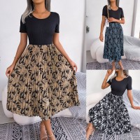 Womens Casual Leaf-Print High-Waisted Pleated Midi Dress