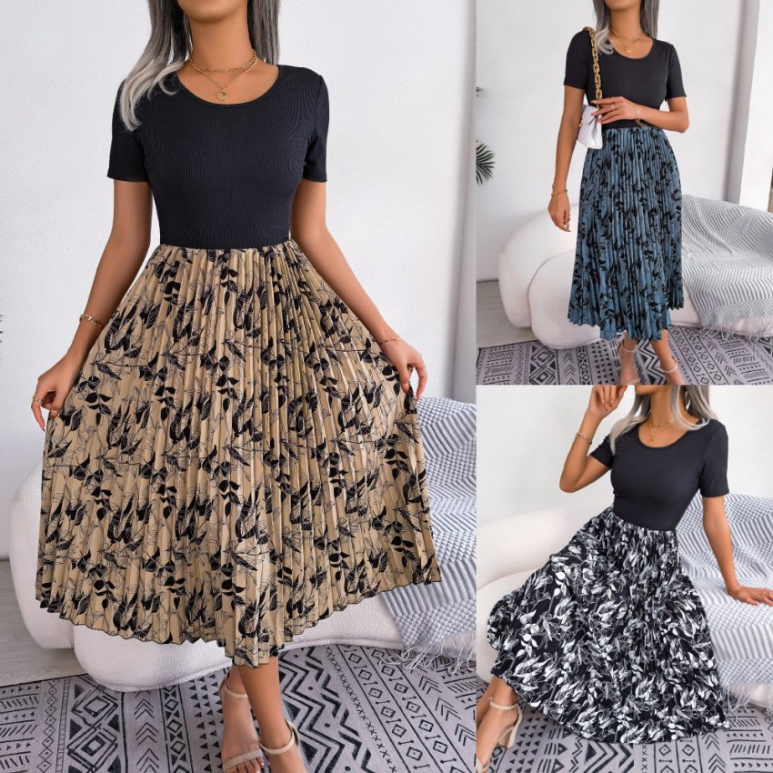 Womens Casual Leaf-Print High-Waisted Pleated Midi Dress