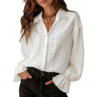 Single-breasted Lace-Panel Long-Sleeve Solid-Color Versatile Shirt