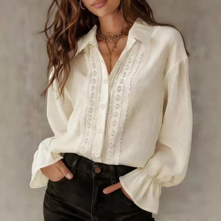 Single-breasted Lace-Panel Long-Sleeve Solid-Color Versatile Shirt