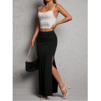 Solid-color High-waisted Elegant Pleated Slit Midi Skirt Solid-color High-waisted Elegant Pleated Slit Midi Skirt