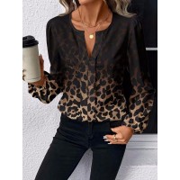 Women's Casual Leopard-Print Puff-Sleeve V-Neck Shirt