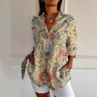 Womens Floral And Green Leaf-print Long-sleeve Blouse