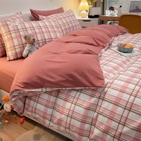 Pure Color Washed Cotton Four-piece Set Of Plaid Striped Sheets Quilt Cover Bedding Pure Color Washed Cotton Four-piece Set Of Plaid Striped Sheets Quilt Cover Bedding
