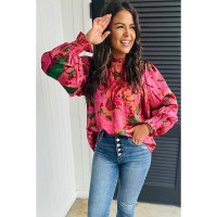 Color-block Printed Long-sleeve Top Womens Stand-collar Chiffon Blouse