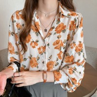 Womens Retro Loose Chiffon Floral Shirt