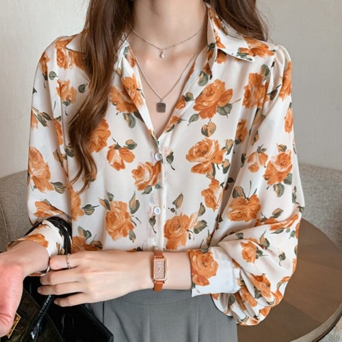 Womens Retro Loose Chiffon Floral Shirt