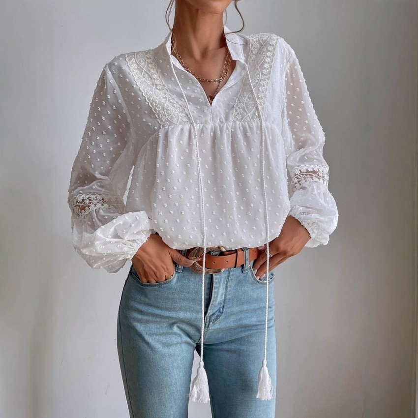 Womens Casual Loose Lace-Patchwork Blouse For Commuting