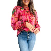 Color-block Printed Long-sleeve Top Womens Stand-collar Chiffon Blouse