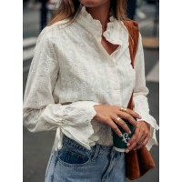 French Stand Collar Ruffle Bell Sleeve Embroidered Jacquard Shirt