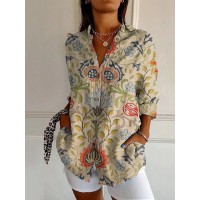 Womens Floral And Green Leaf-print Long-sleeve Blouse