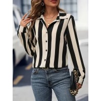 Womens Fashion Striped 3D-Printed Long-Sleeve Shirt