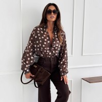 Womens Minimalist Long-Sleeve Polka-Dot Waist-Cinching Office-Ready Shirt