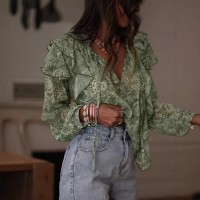 Womens Floral Print V-Neck Long-Sleeve Patchwork Ruffle-Trim Loose Shirt