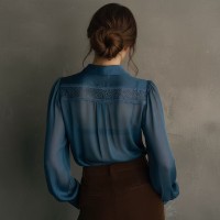 Womens Lace-Patched Ruffle-Neck Puff-Sleeve Shirt