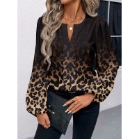 Women's Casual Leopard-Print Puff-Sleeve V-Neck Shirt