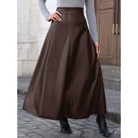 Slimming Hip-covering Mid-length A-line PU Leather Skirt With A Flared Hem