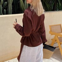 Womens Loose, Casual, Retro, Asymmetrical, Solid-Color Shirt With Ties