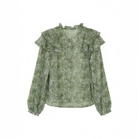 Womens Floral Print V-Neck Long-Sleeve Patchwork Ruffle-Trim Loose Shirt